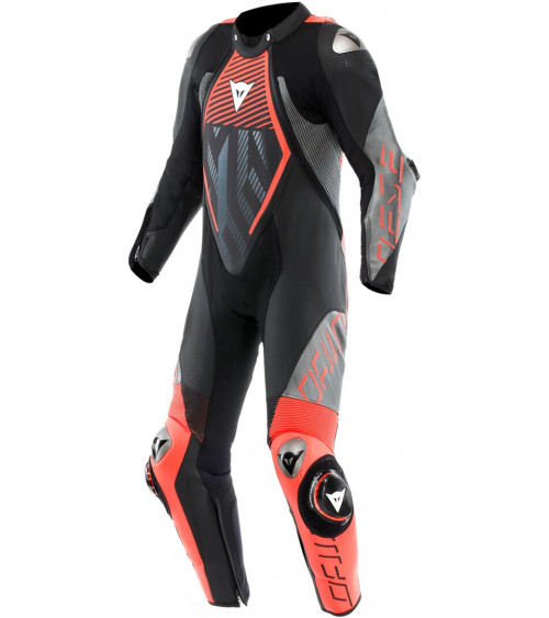 Dainese Audax D-Zip 1PC Perf. Black / Fluo Red / Anthracite Leather Suit